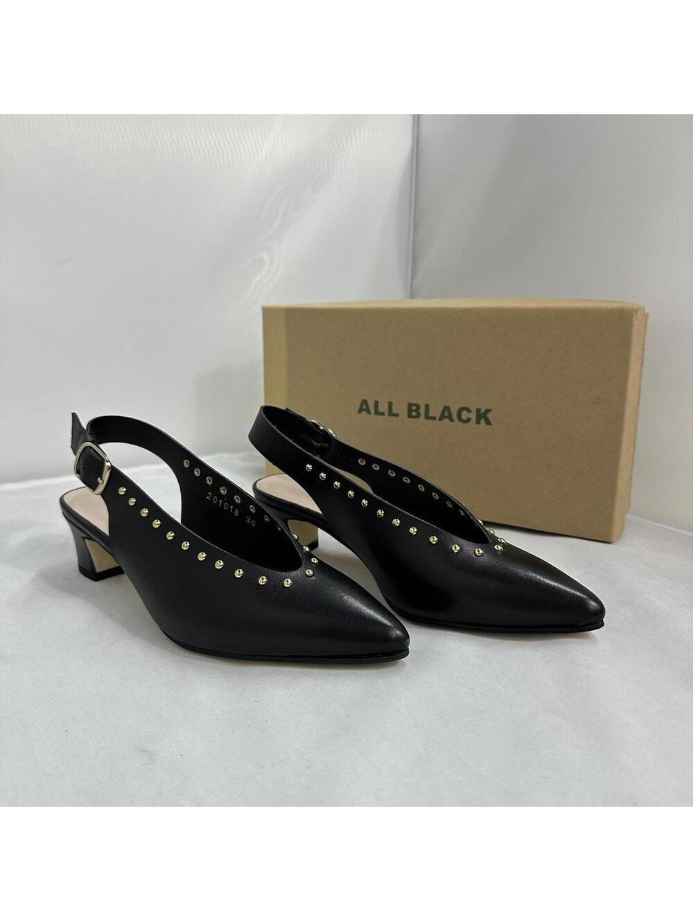 Black Studded Leather Kitten Heel Slingback Pumps